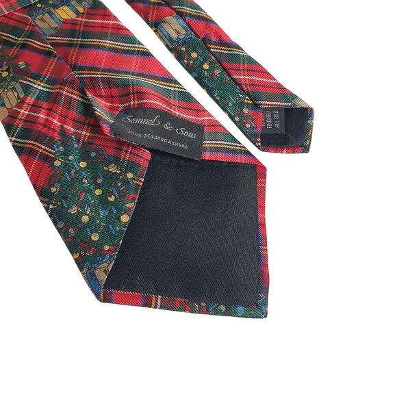 Vintage Samuel Sons Christmas Tree Tartan Plaid Luxury Silk Necktie Holiday Gift - Picture 4 of 5